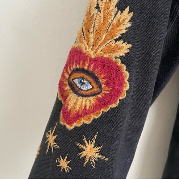 Driftwood Hallucinations Embroidered Denim Blazer Jacket Black M Moon Snake - Picture 4 of 6